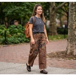 BUYKUD Patchwork Floral Wide Leg Pants Brown Cotton Lagenlook Boho Medium
